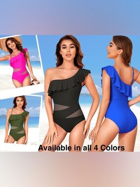 🆓📦Ruffled One Shoulder Mesh Cutout One Piece Swimsuits, 4 Colors Available